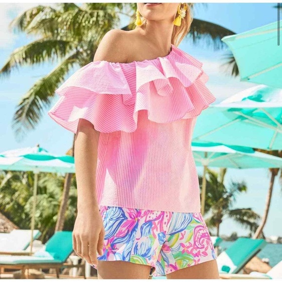 Lilly Pulitzer Tops - Lilly Pulitzer Trixie One Shoulder Ruffle Top Havana Pink Seersucker Size Medium